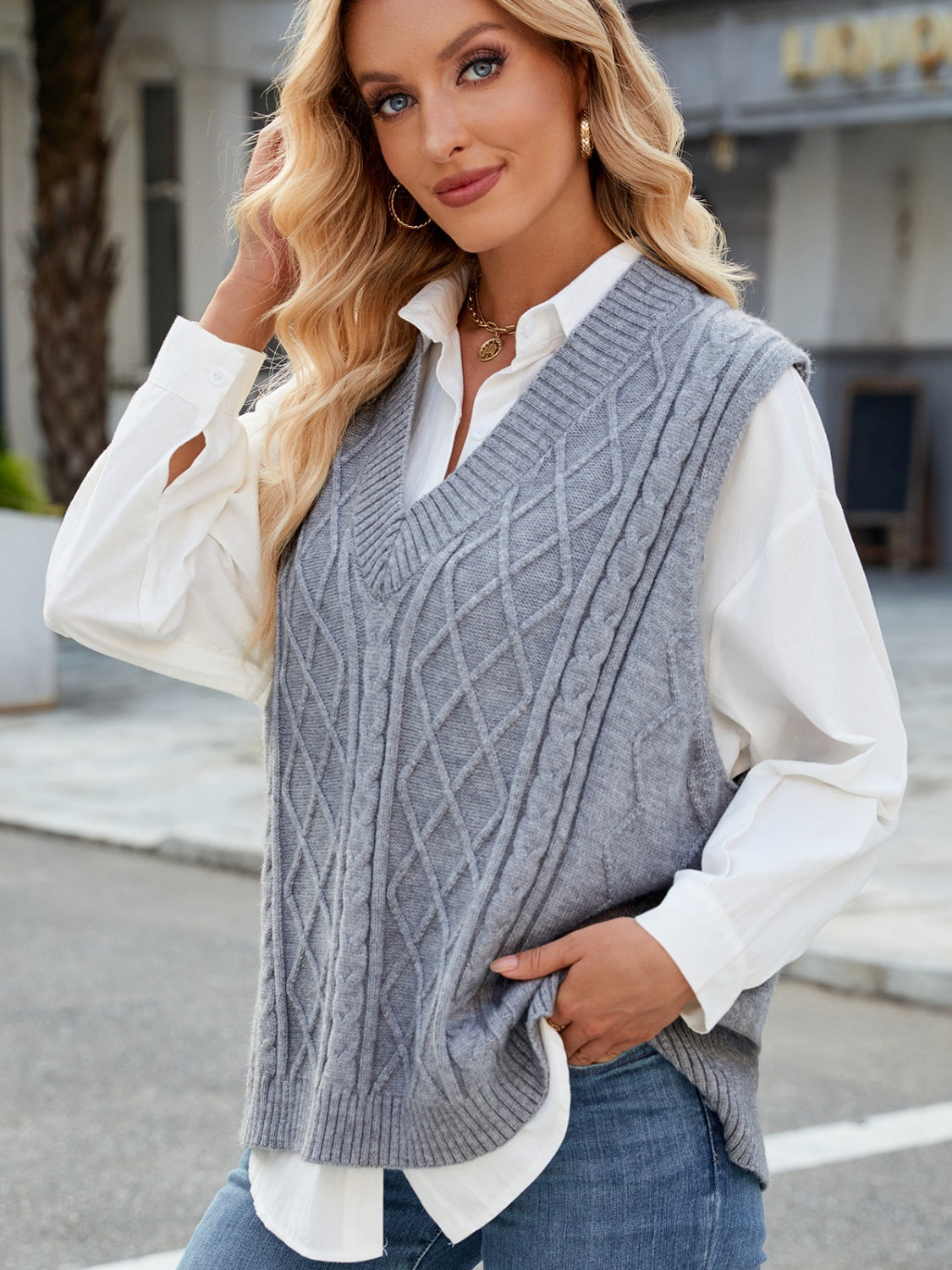 Margot Cable Knit Sweater Vest Tan 2