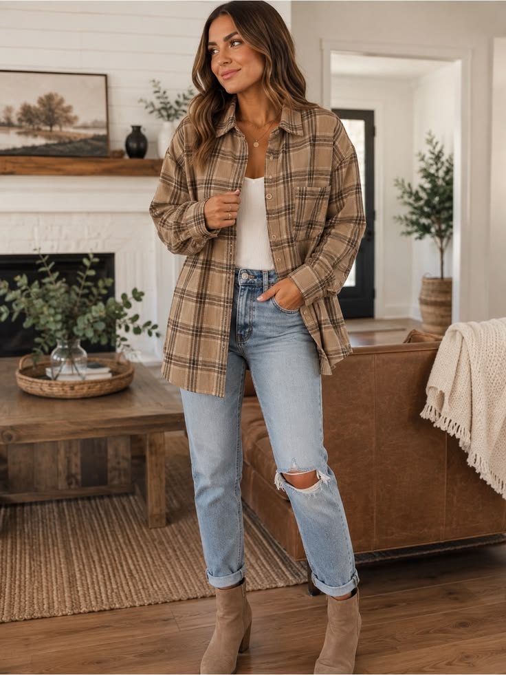 Margot Plaid Flannel Shirt Beige 1