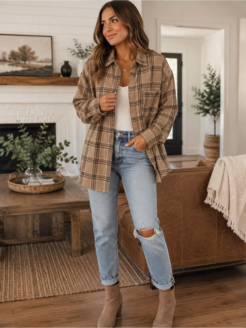 Margot Plaid Flannel Shirt Beige 1