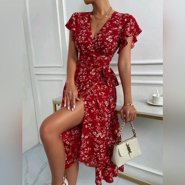 Isabelle Floral Wrap Dress in Burgundy