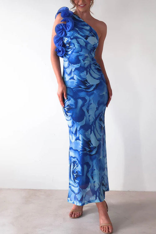 Margot Ruffle One-Shoulder Floral Maxi Dress Red 7