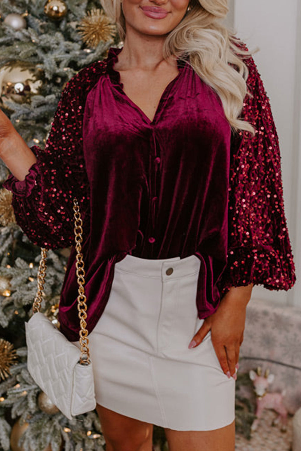 Freya Sequin Velvet Blouse Red Dahlia 1