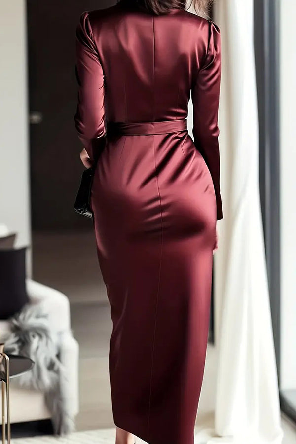 Celeste Satin Long Sleeve Midi Dress Wine Red 8