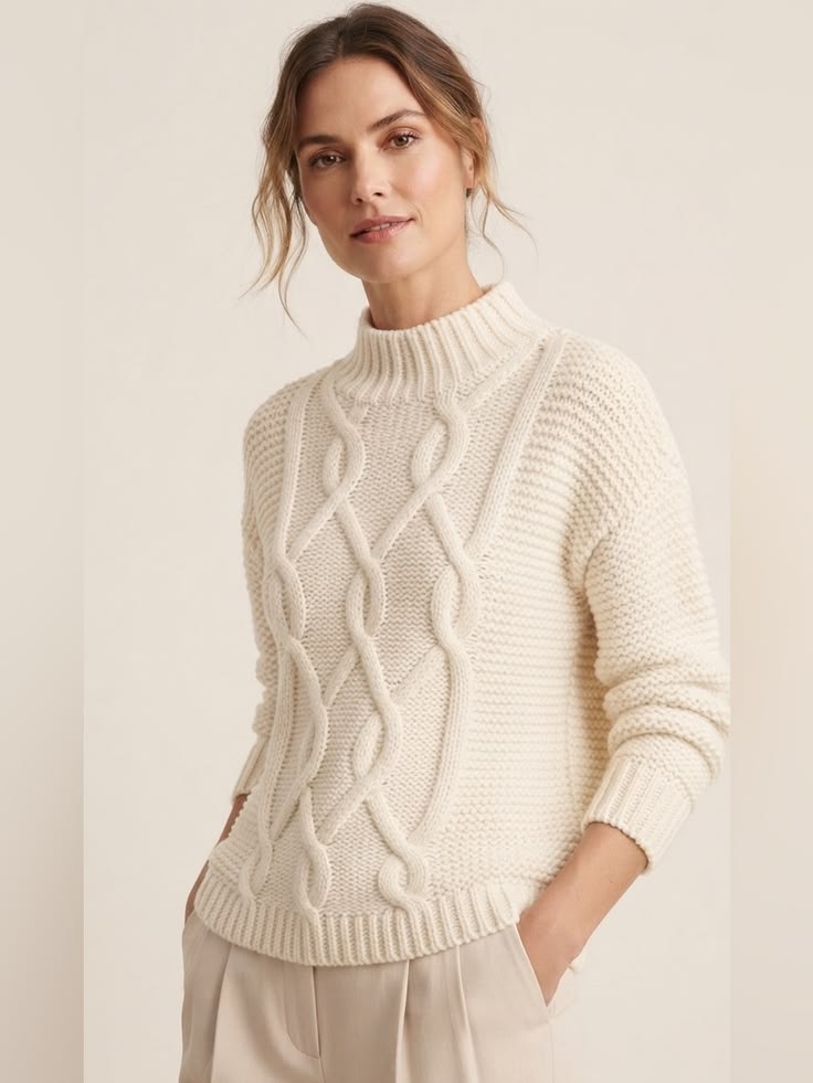 Ivory Cable Knit Mock Neck Sweater Ivory 1
