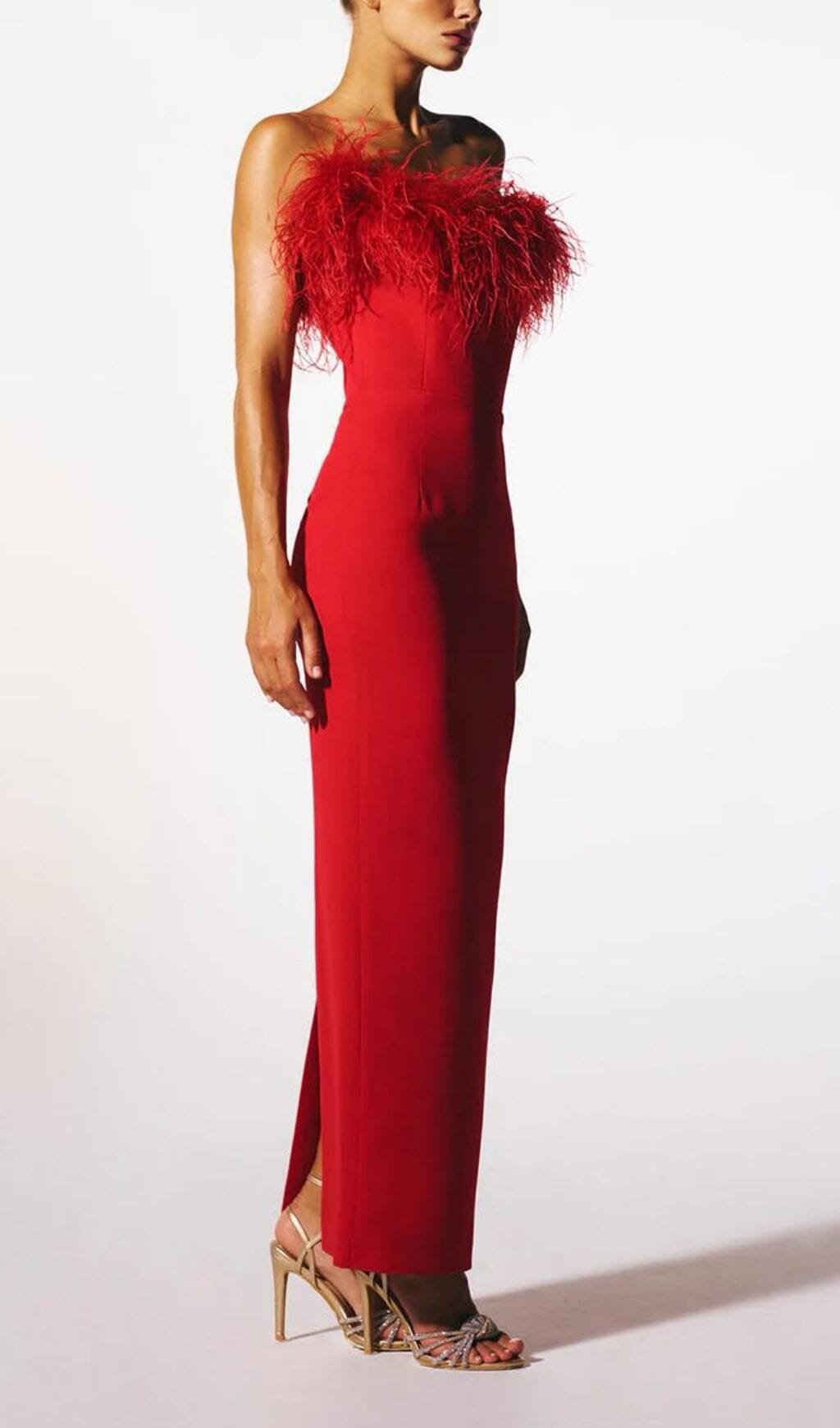 Minerva Feather Strapless Gown Red 2