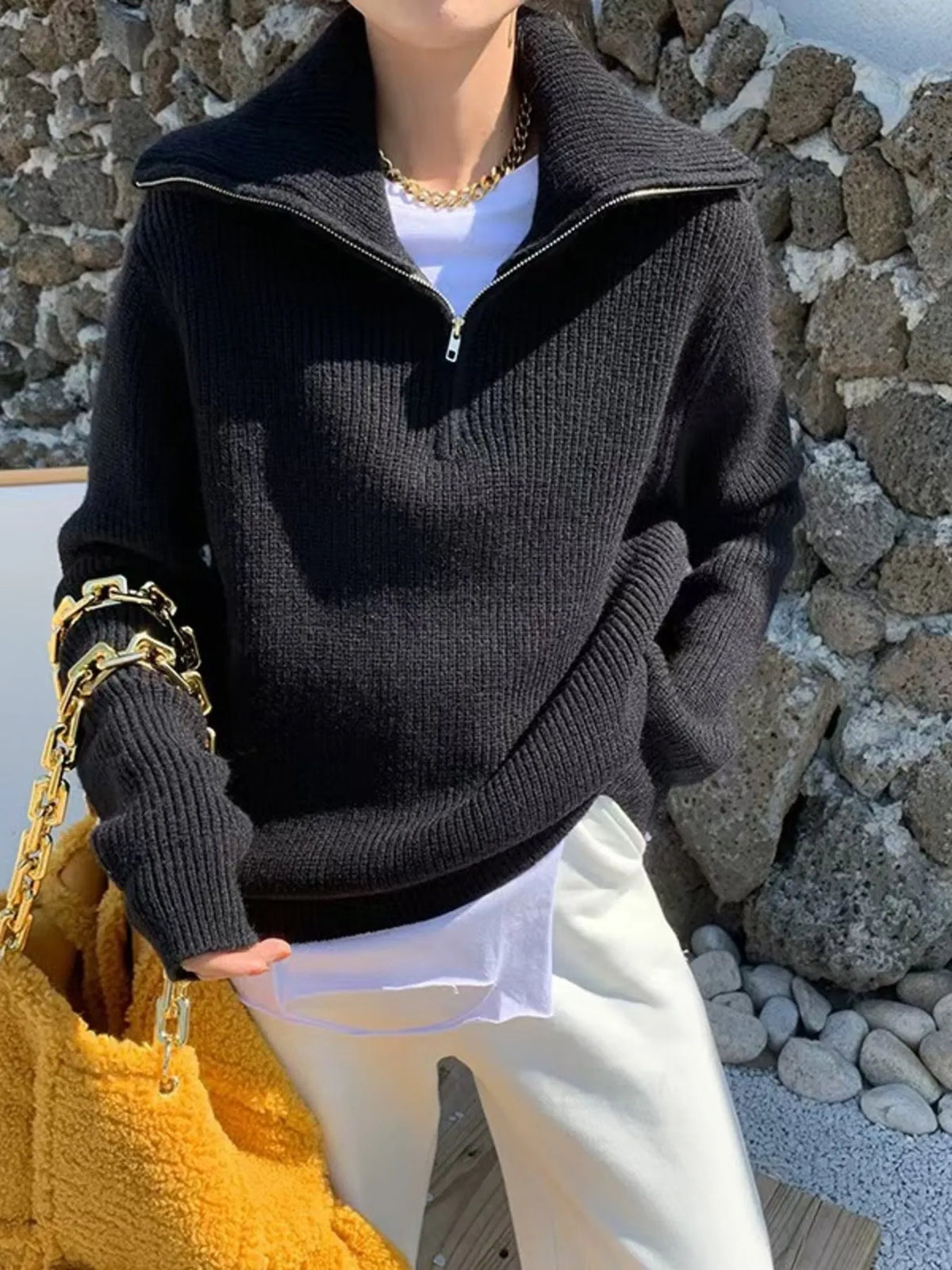 Margot Knit Slip Sweater in Black Caramel 1