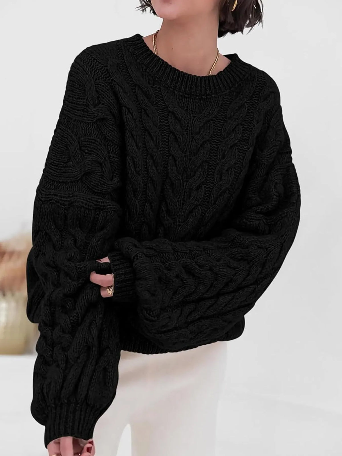 Margot Cable Knit Sweater in Pink Black 9