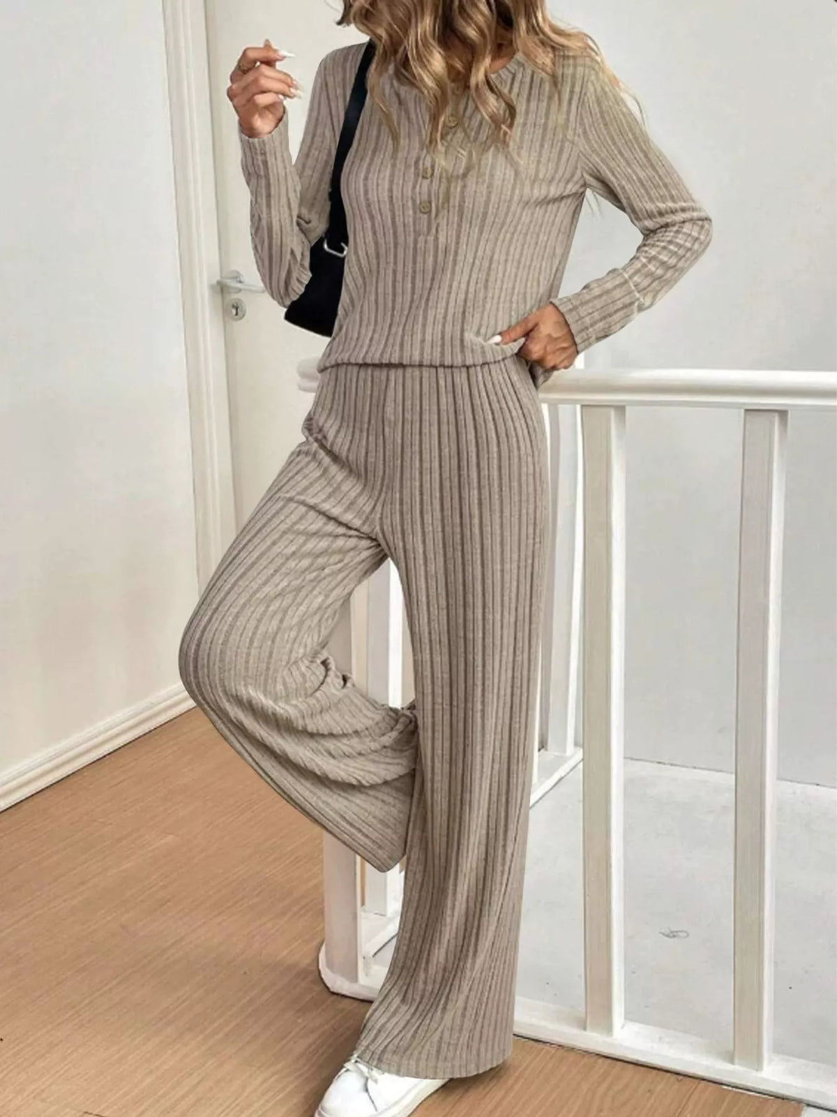 Margot Ribbed Knit Top and Pants Set Khaki 10