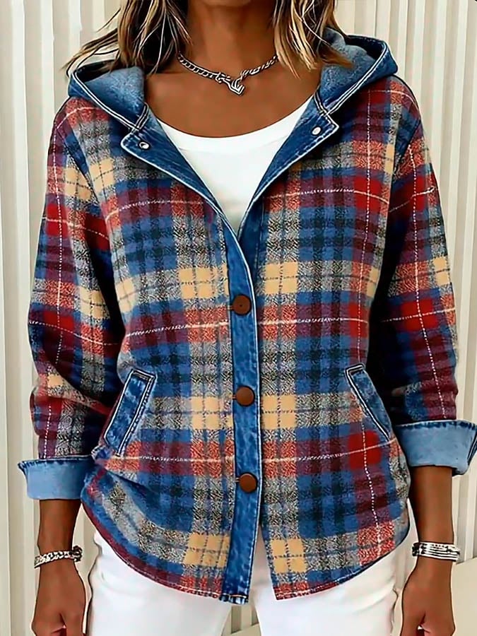 Briella Contrast Check Denim Jacket Red 5