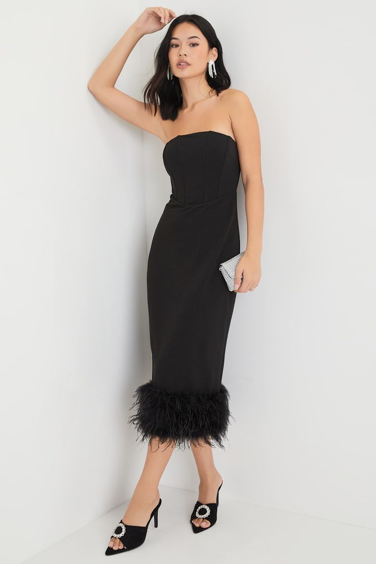 Ophelia Feather Strapless Midi Dress Black 1