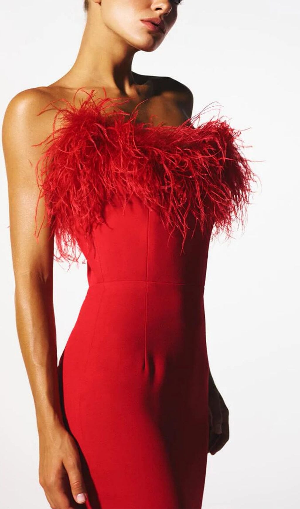 Minerva Feather Strapless Gown Red 3