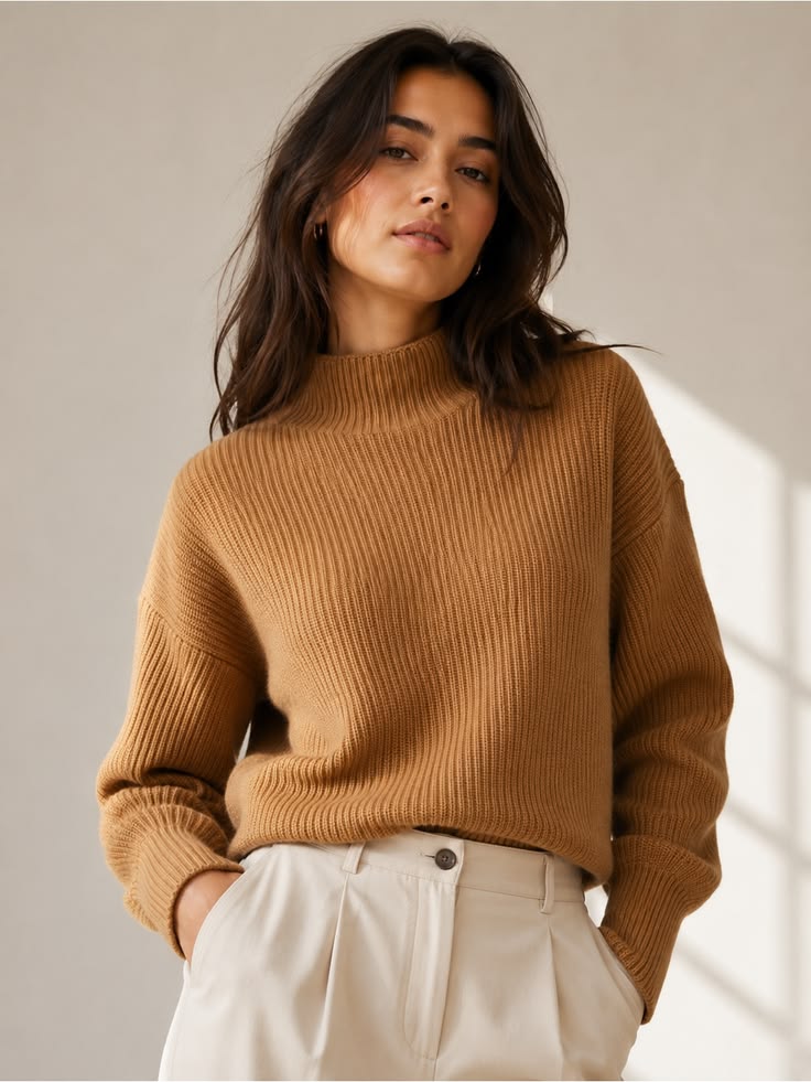 Helena Mock Neck Sweater Tan 1