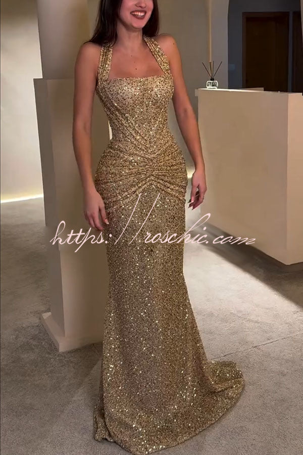Velda Sequin Halter Maxi Dress up Drape Flare Maxi Dress 3