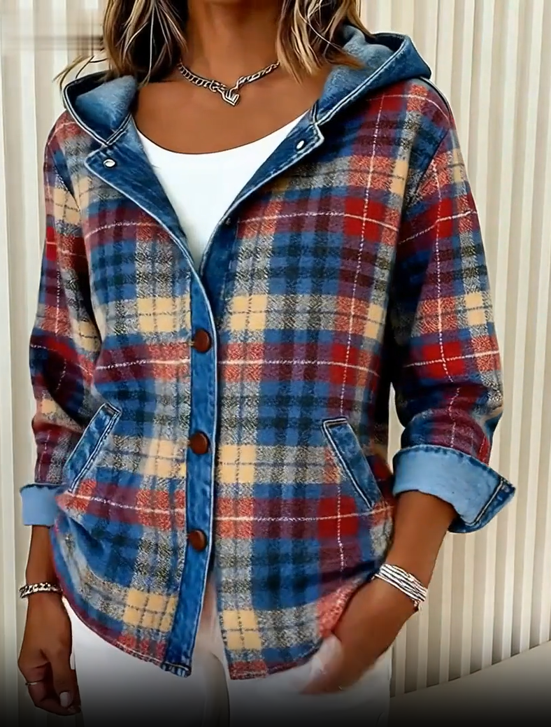 Briella Contrast Check Denim Jacket Blue 8