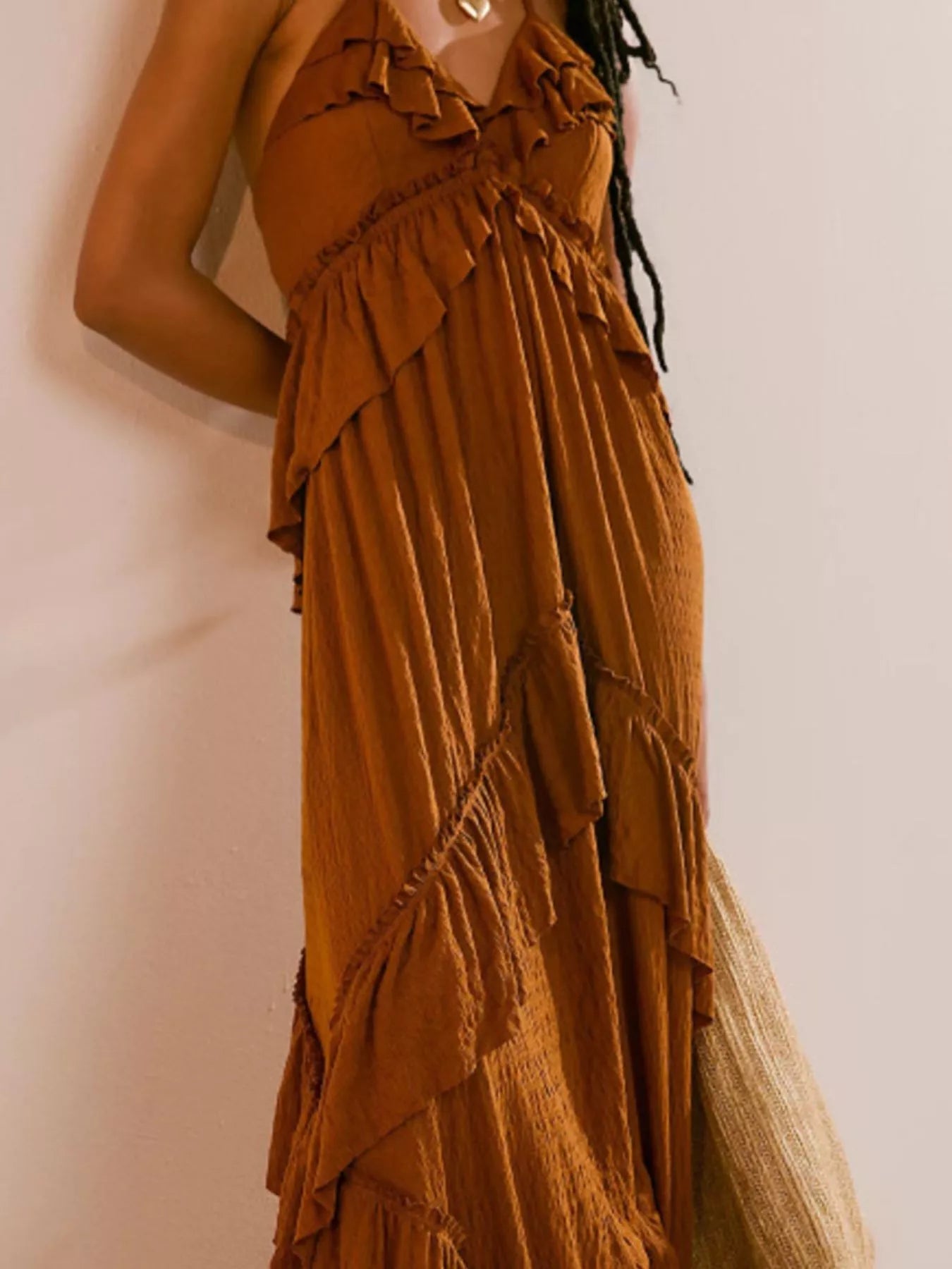 Arabella Ruffled Halter Maxi Dress Apricot 2