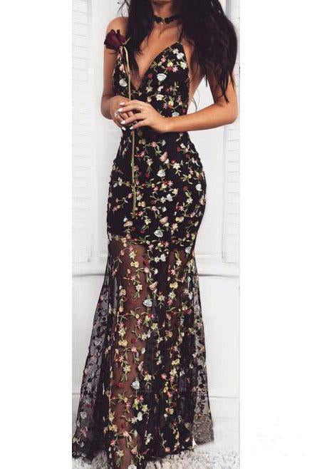 Evangeline Black Floral Mermaid Gown Custom Color 1