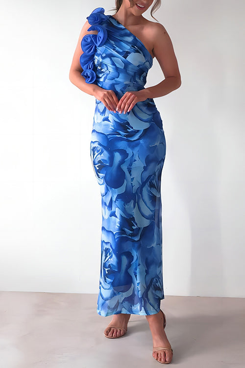 Margot Ruffle One-Shoulder Floral Maxi Dress Blue 8