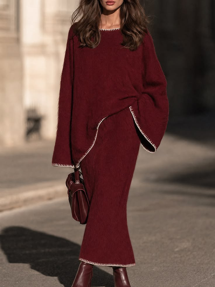 Margot Brushed Knit Two-Piece Maxi Set Red 1