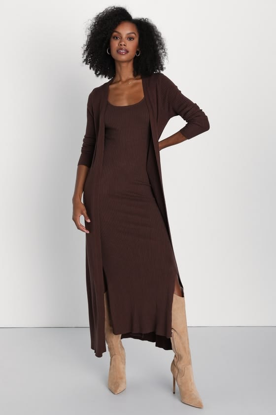 Margot Ribbed Knit Dress & Cardigan Set in Brown Brown 1