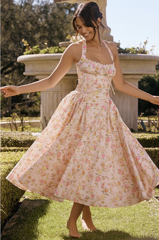 Margot Floral Halter Bodycon Maxi Dress Pink 3