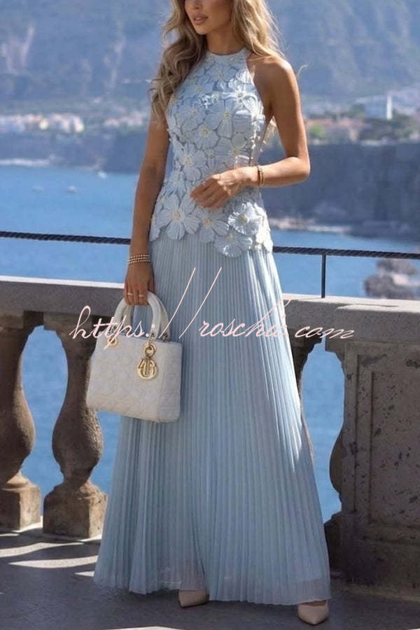 Emilie 3D Floral Embroidered Halter Maxi Dress Blue 3