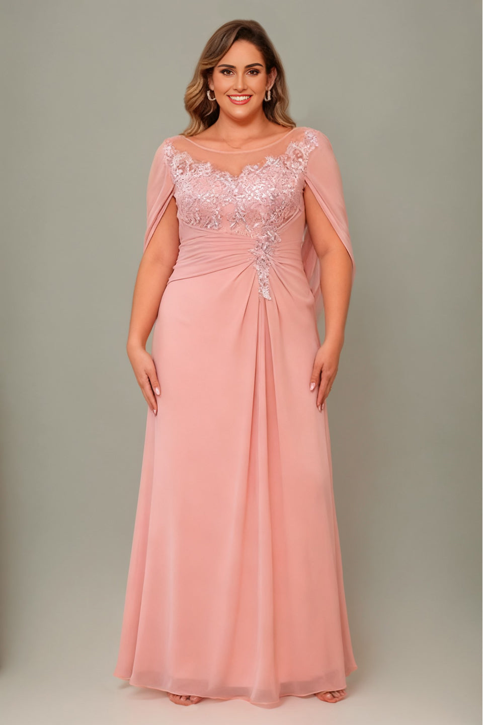 Arabella Floral Appliqué Cape Maxi Dress Pink 1