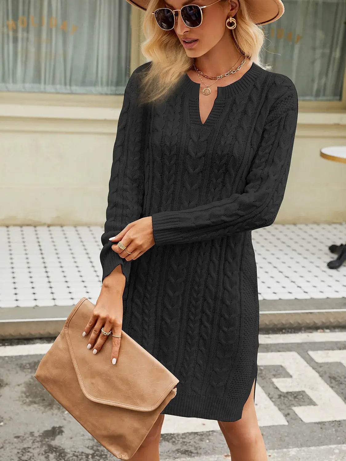 Vivienne Cable-Knit Sweater Dress Black 6