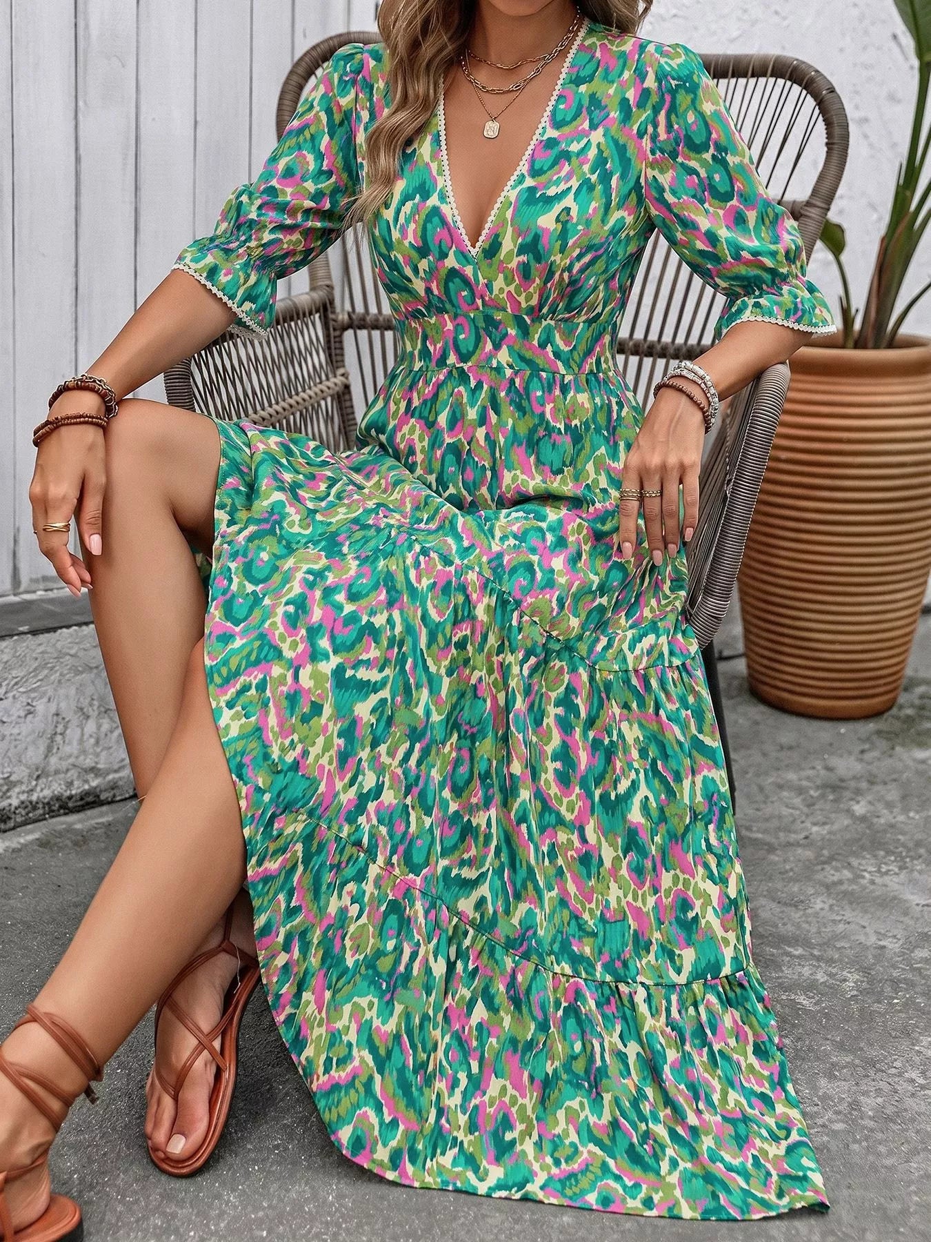 Margot Printed Tiered Dress Neck Flounce Sleeve Dress 5