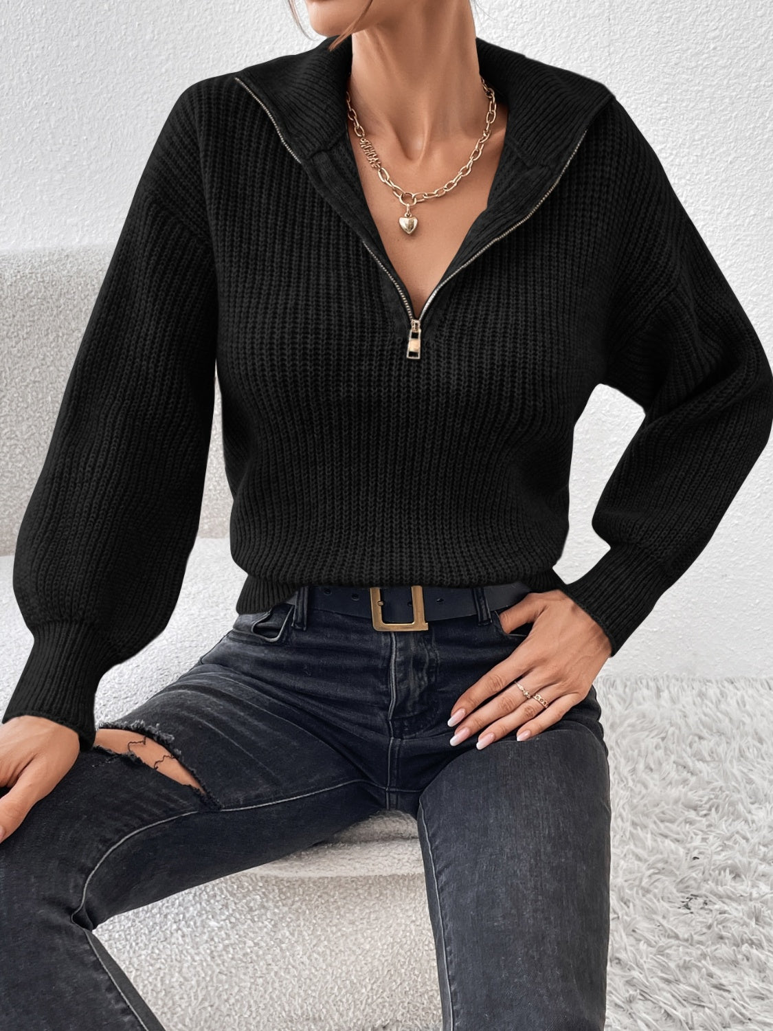 Honey Half-Zip Dropped Shoulder Sweater Taupe 7