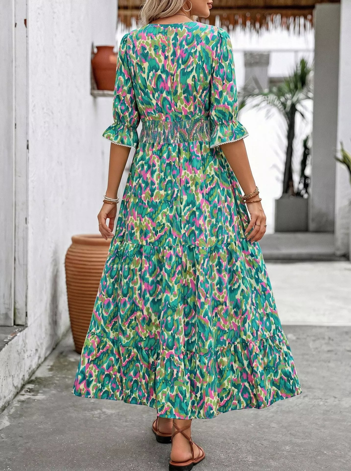 Margot Printed Tiered Dress Neck Flounce Sleeve Dress 6