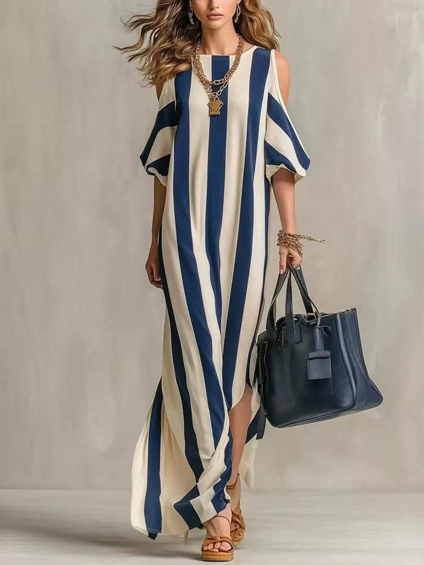 Isadora Striped Cold Shoulder Maxi Dress Burgundy 1