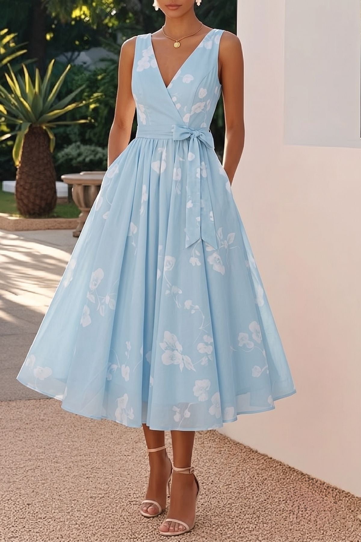Margot A-Line Lace Tea Length Dress Sky Blue 5