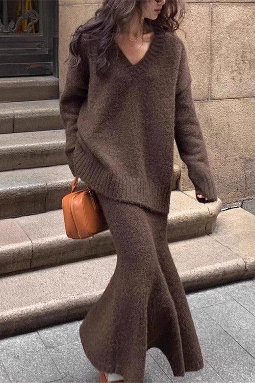 Margot V-Neck Knit & Mermaid Skirt Set Apricot 1