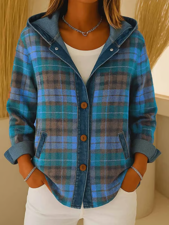Briella Contrast Check Denim Jacket Red 3