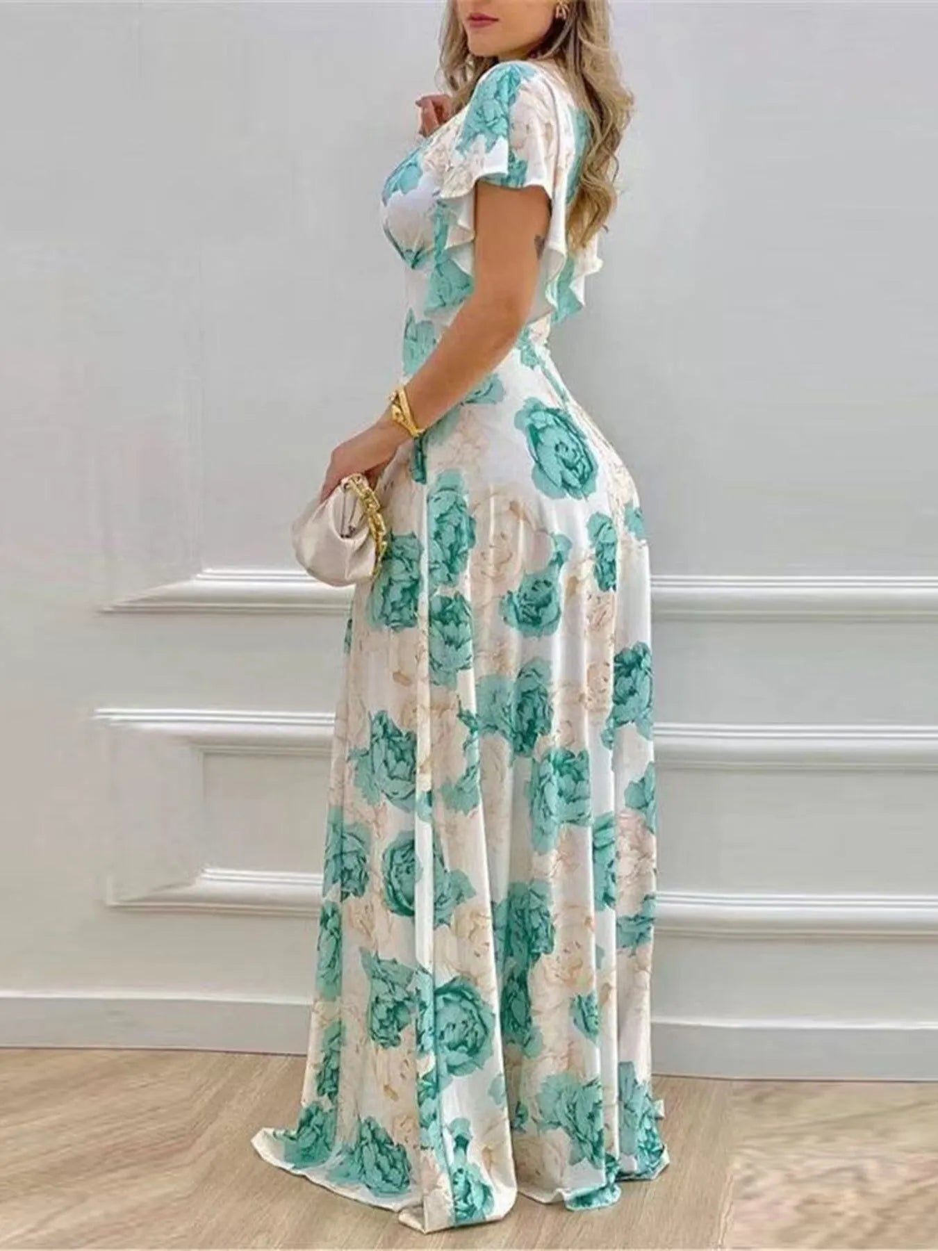 Violet Floral Maxi Dress with Flutter Sleeves Neck Maxi Dress with Flutter Sleeves 2