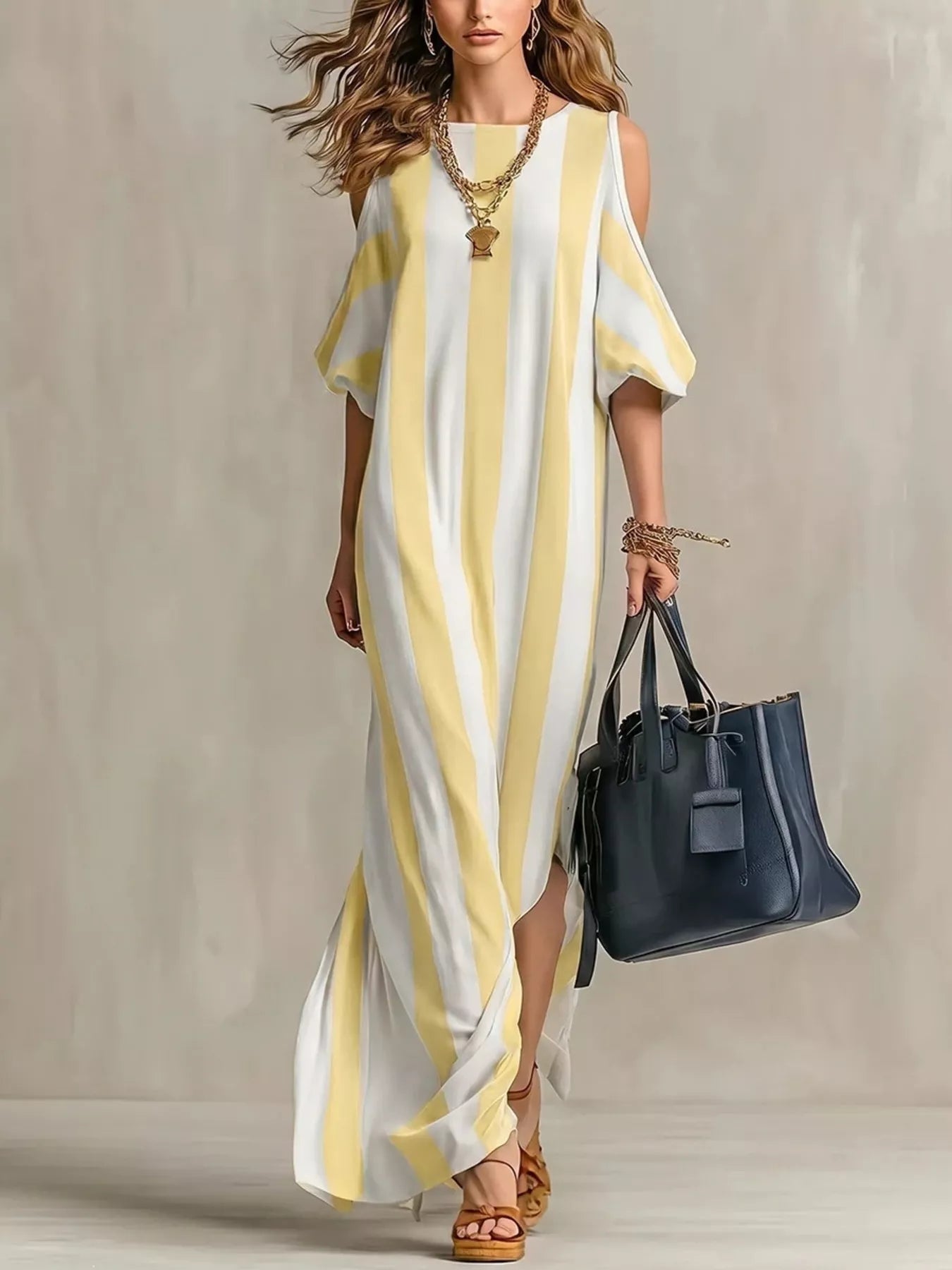 Isadora Striped Cold Shoulder Maxi Dress Yellow 9