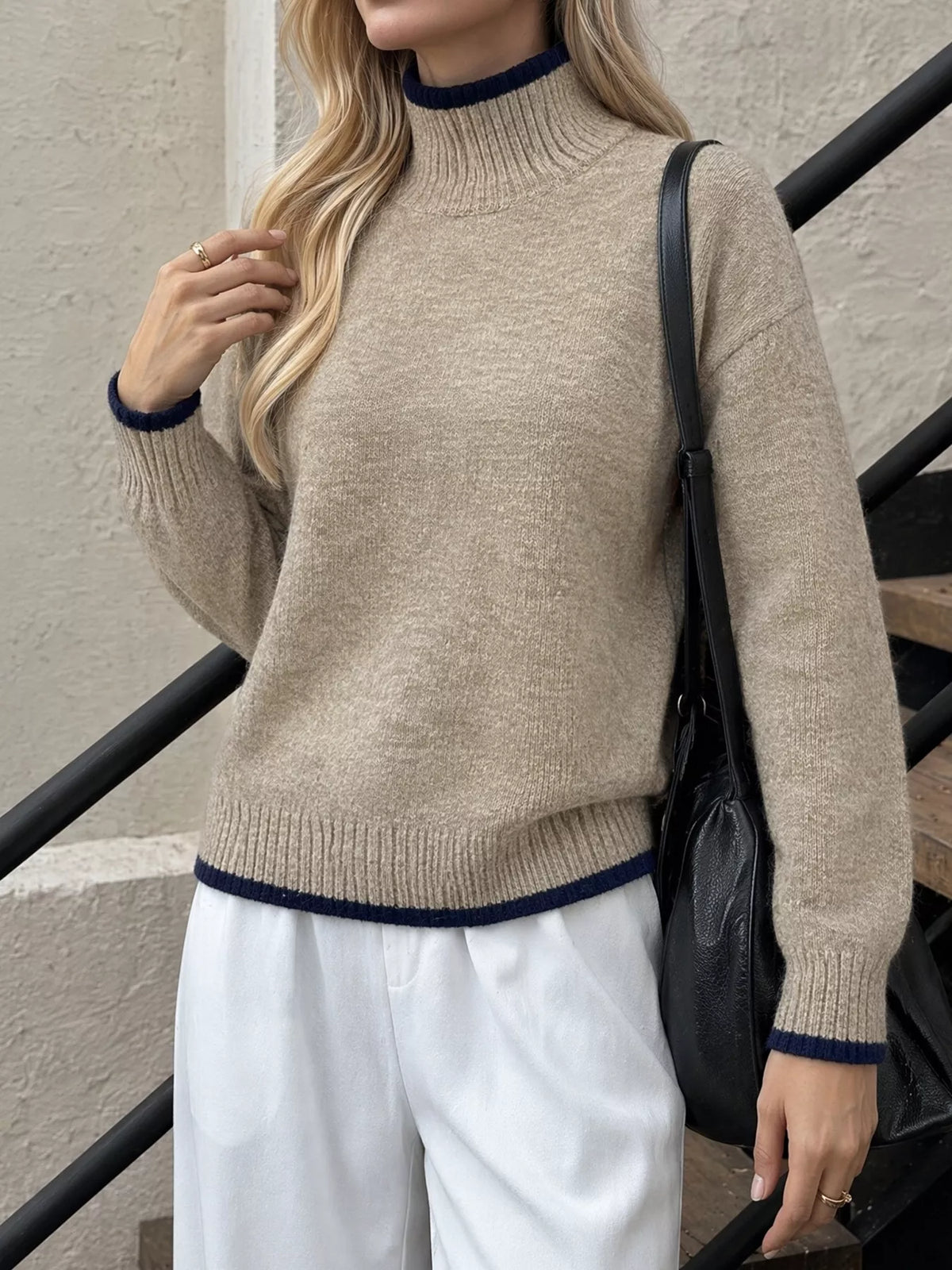 Margot Knit Sweater with Contrast Trim Khaki 3