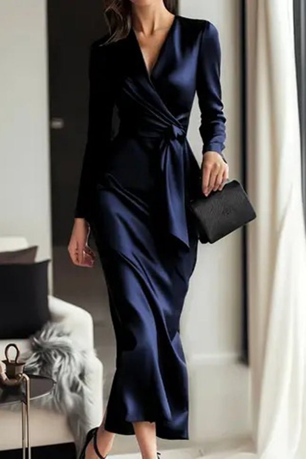 Celeste Satin Long Sleeve Midi Dress Navy blue 3