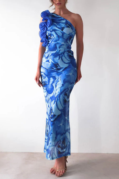 Margot Ruffle One-Shoulder Floral Maxi Dress Blue 9