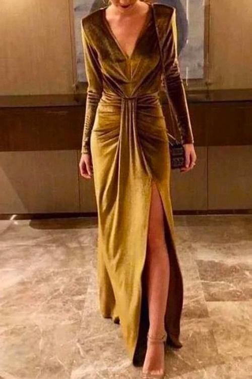 Paulina Deep V Velvet Long Dress Black 1