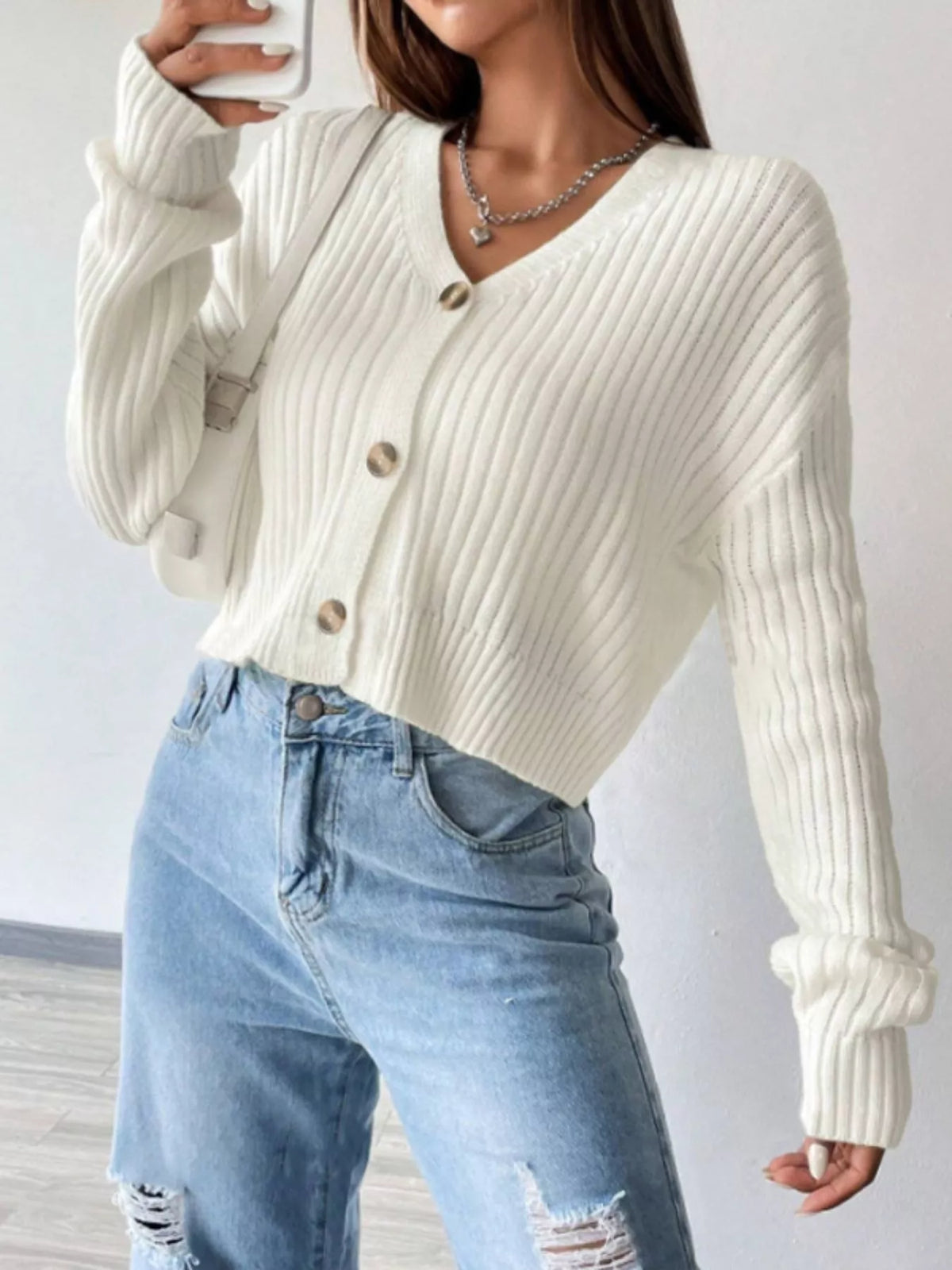 Margot Ribbed Cropped Cardigan Cream 4