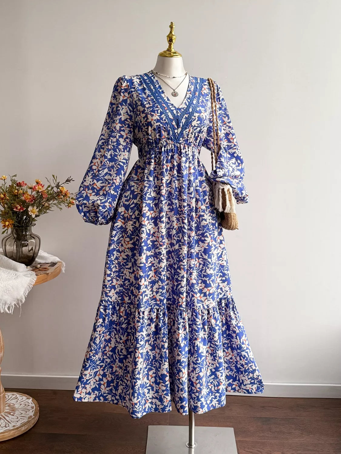 Violet Floral Maxi Dress with Flutter Sleeves Neck Long Sleeve Maxi Dress 6