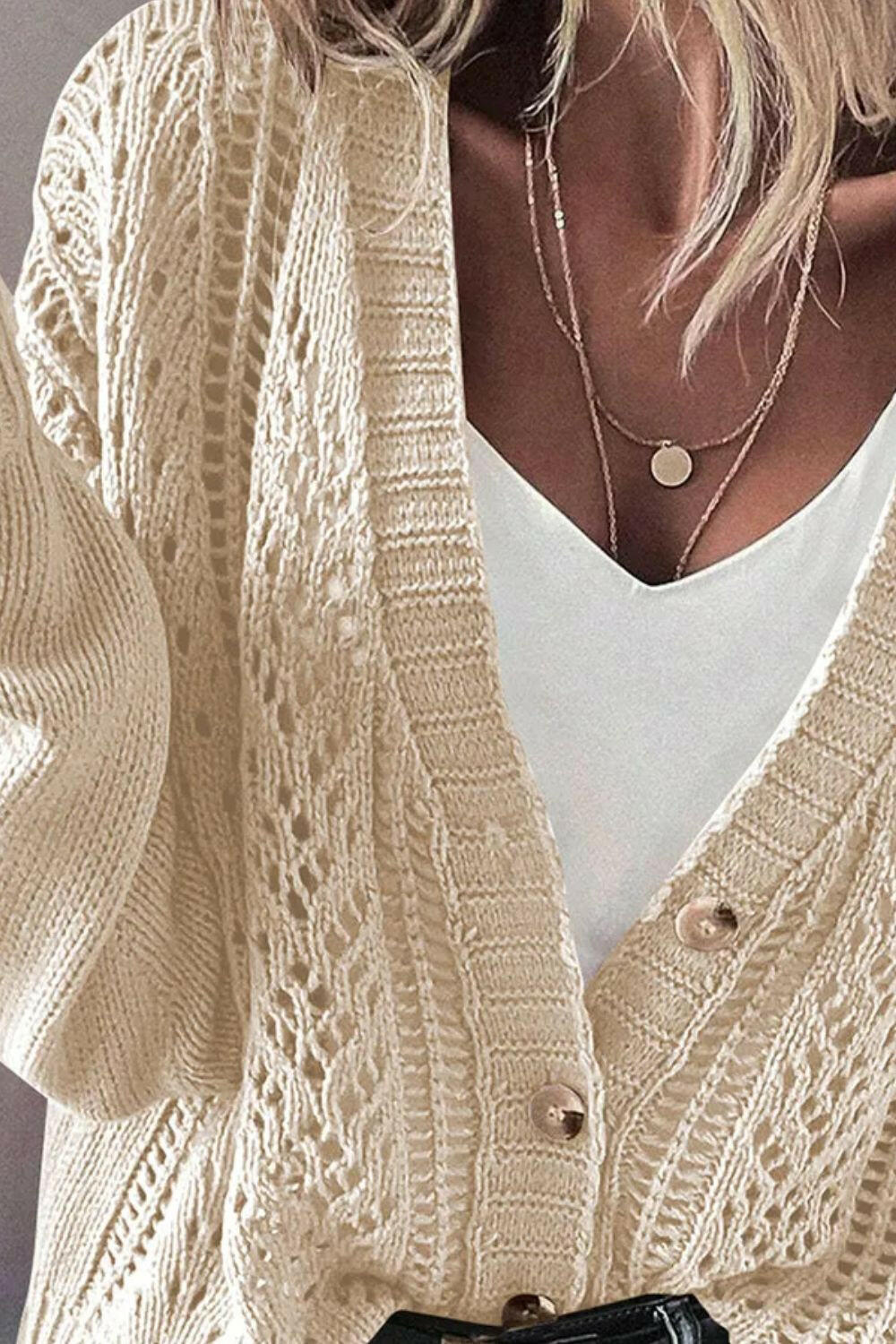 Margot Long Cardigan in Openwork Knit Beige 10