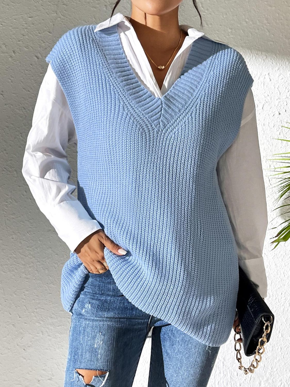 Margot V-Neck Sweater Vest in Light Blue Black 1