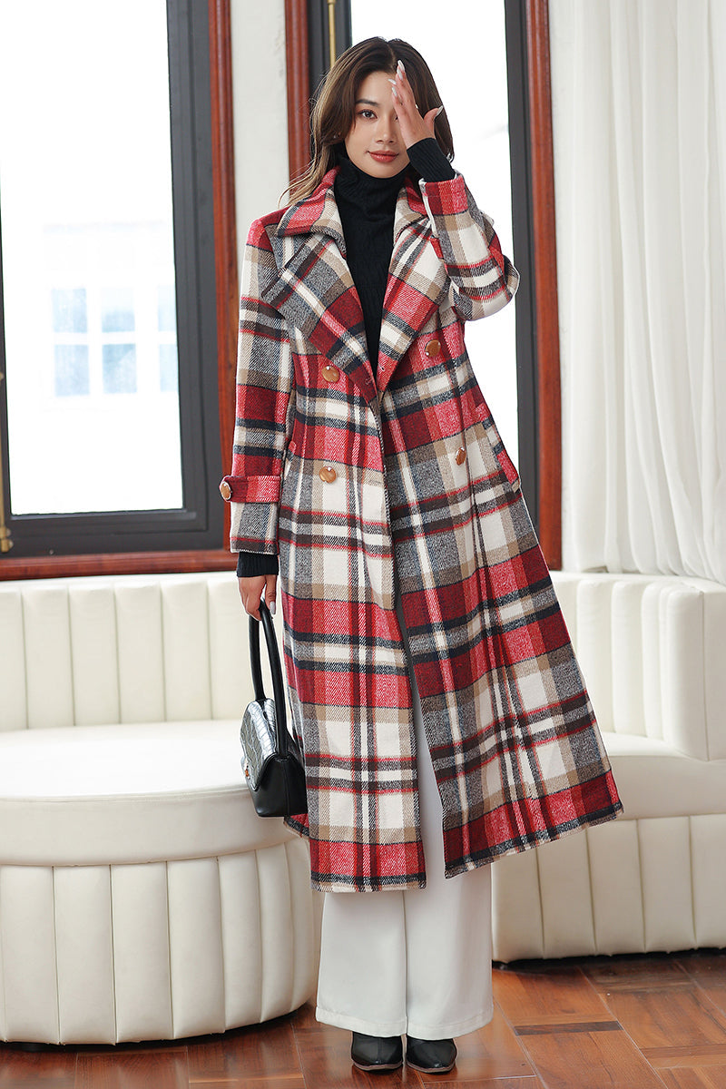 Adelaide Wool Overcoat in Red Plaid Red 3