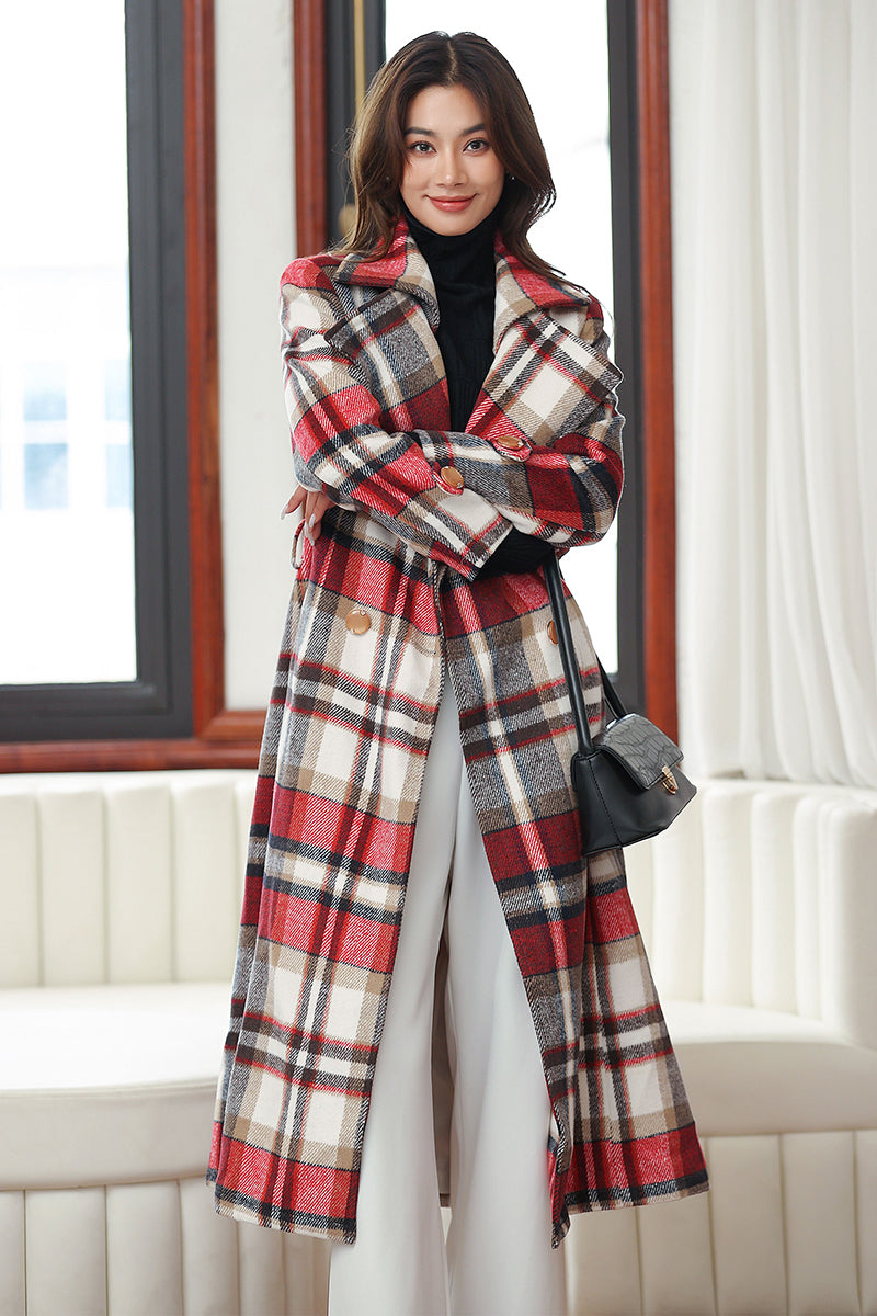 Adelaide Wool Overcoat in Red Plaid Red 4