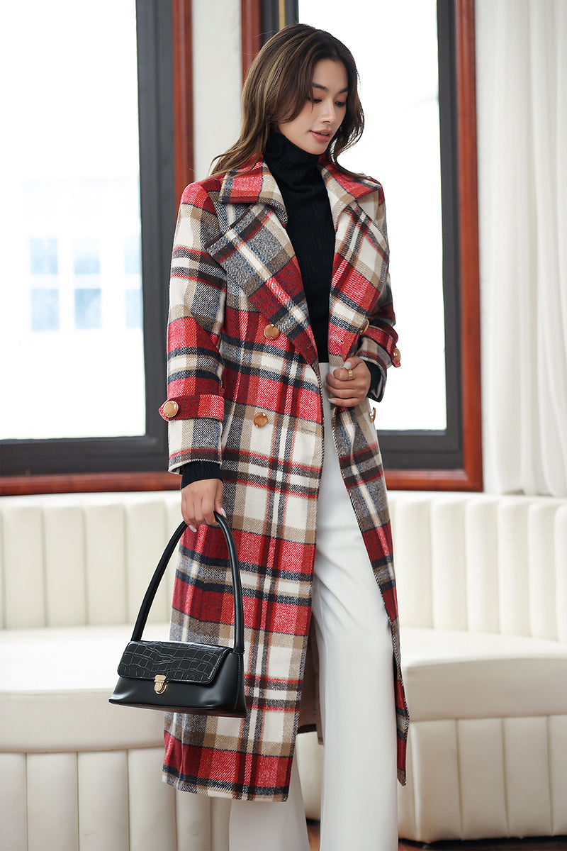 Adelaide Wool Overcoat in Red Plaid Red 5