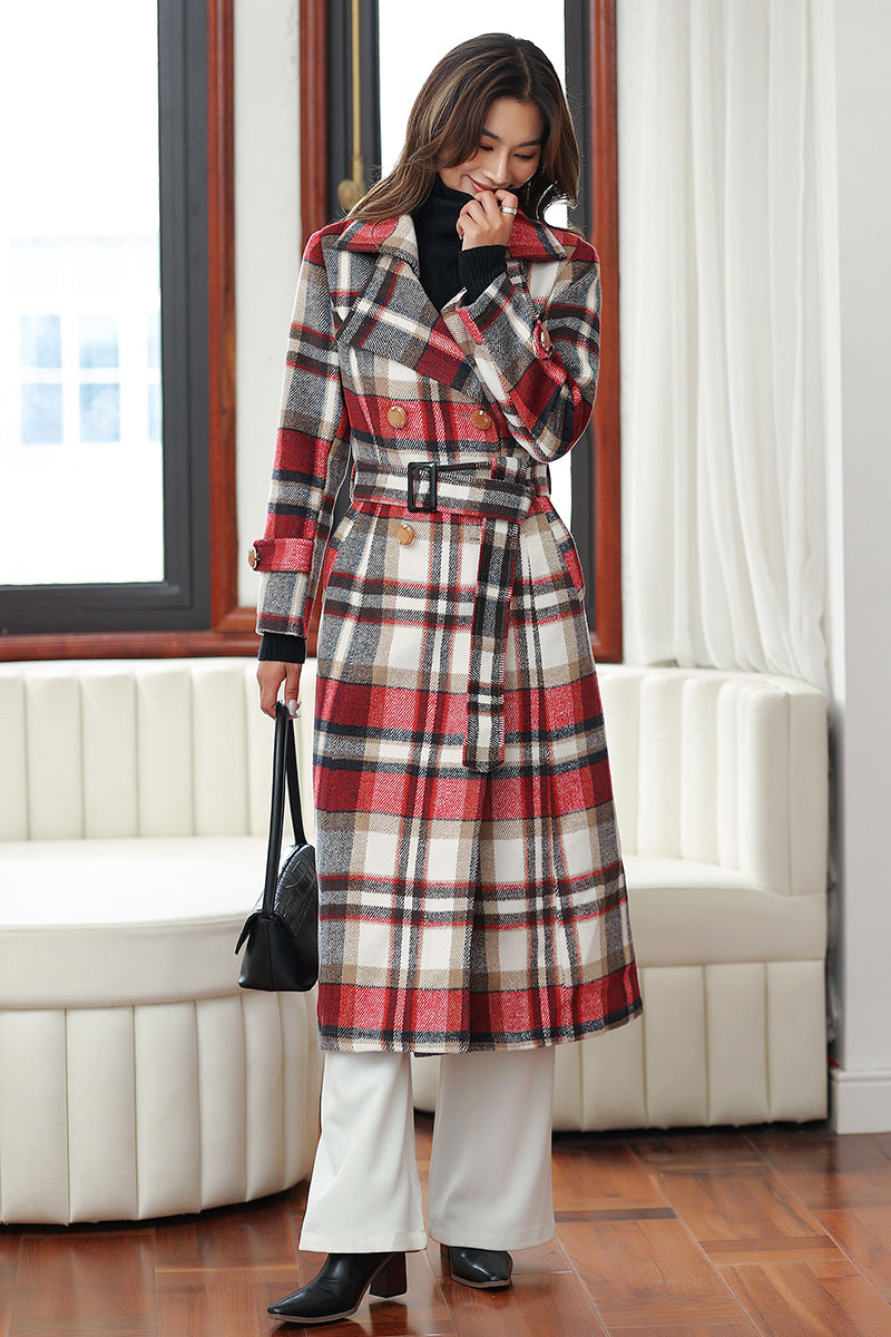 Adelaide Wool Overcoat in Red Plaid Red 2