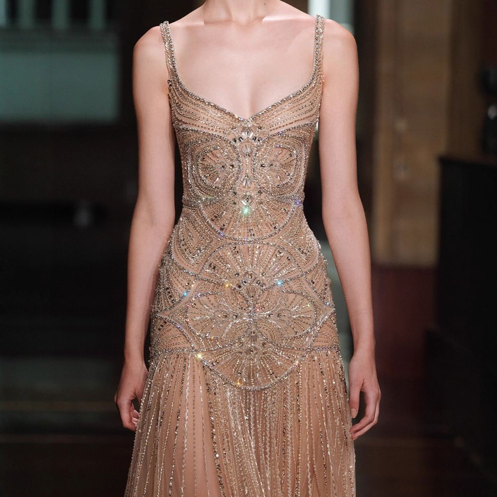 Evangeline Beaded Tulle Mermaid Gown As Photo(Champagne) 4