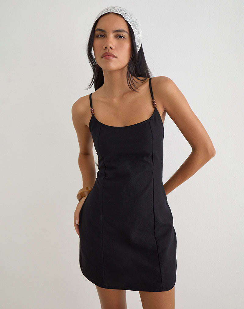 Ambra Linen Mini Dress in Sage Green Linen Black 1